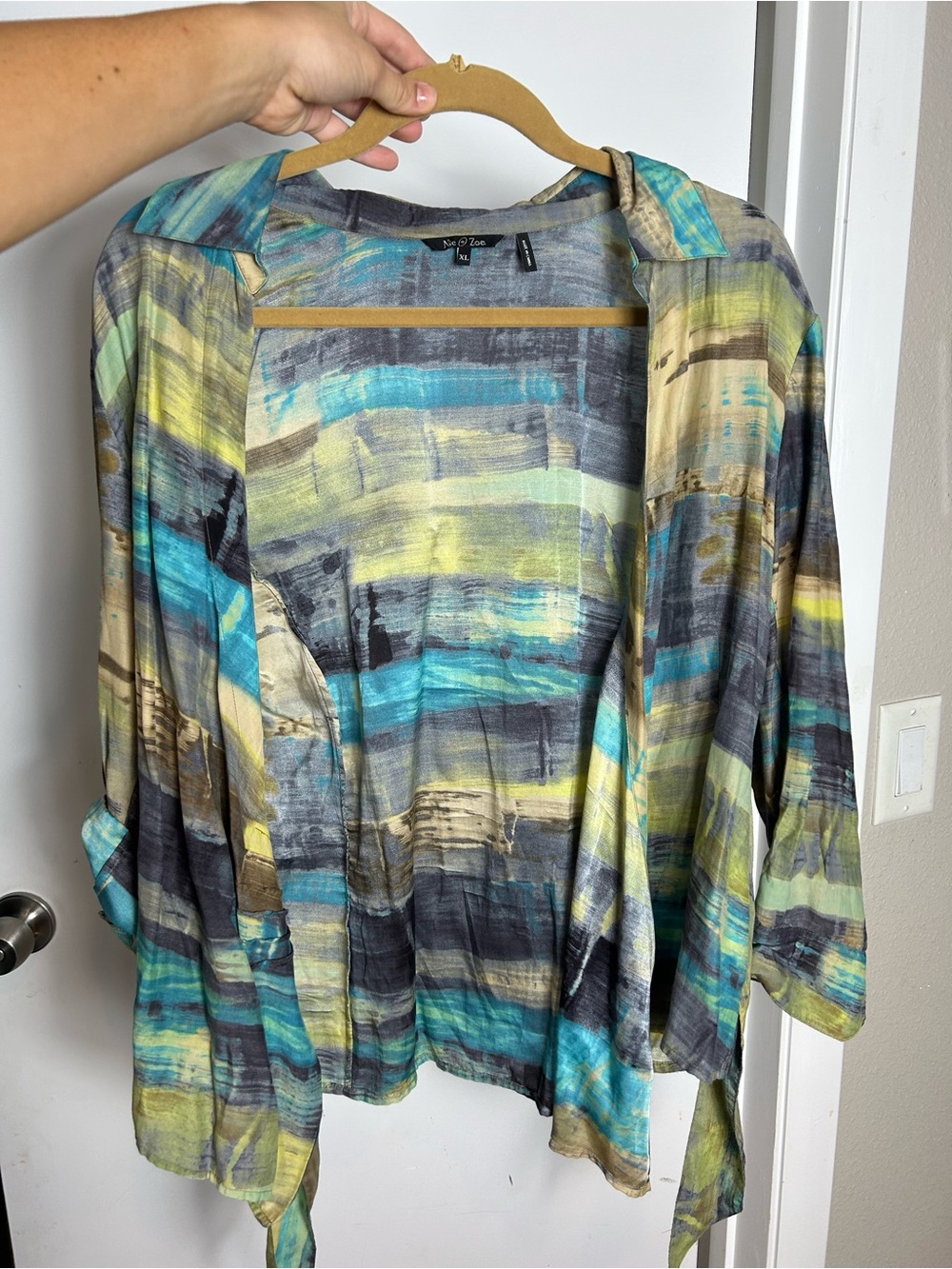 NIC+ZOE Multicolor Watercolor Stripe Top in Teal, Gray, Yellow